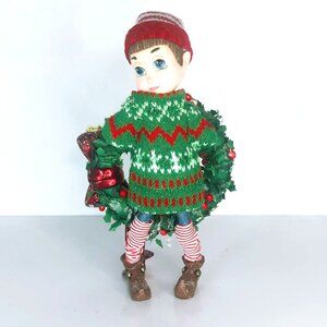 Grandin Road Louie Elf Fa La La Figure Holding Christmas Wreath 8"